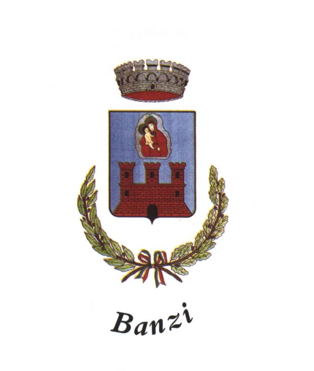 Stemma di Banzi: rappresenta un castello (Il Camino), la Madonna con Bambino e la corona.